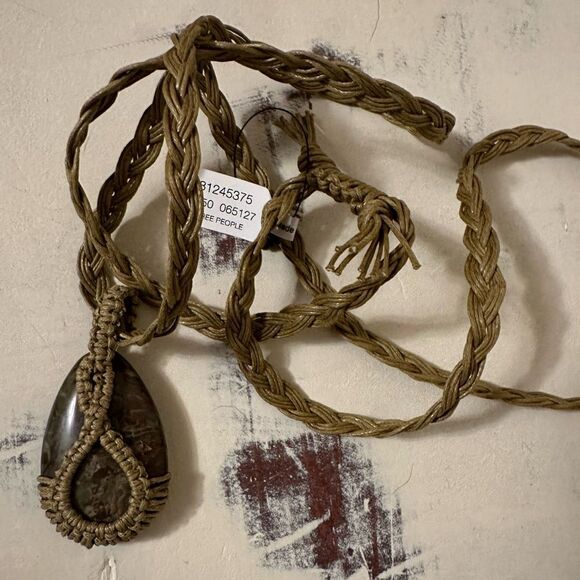 Free People Jewelry - Free People boho style stone pendant woven necklace green brown